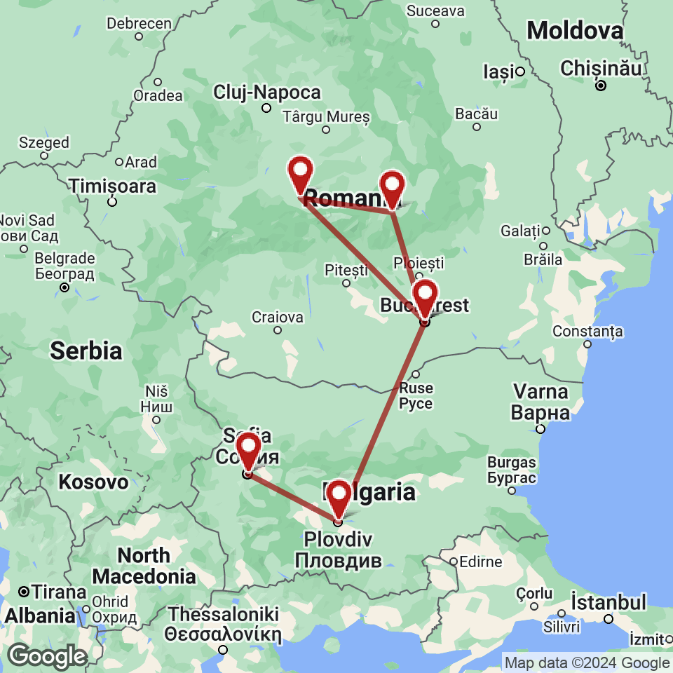 Route for Sofia, Plovdiv, Bucharest, Brasov, Sibiu, Bucharest tour